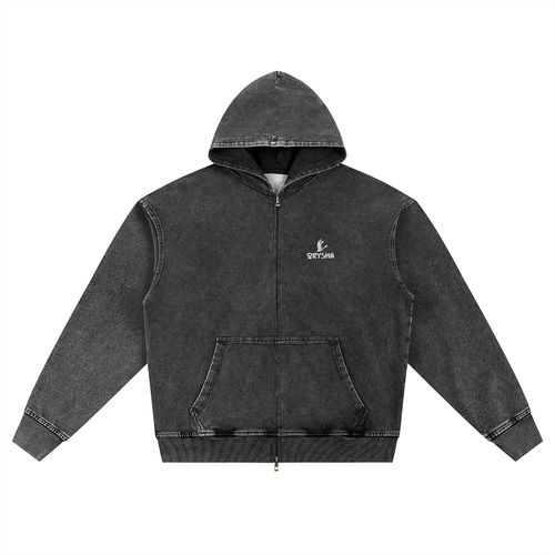 Men's "Legend Koi" Snow Wash Oversized Zip-Up Hoodie