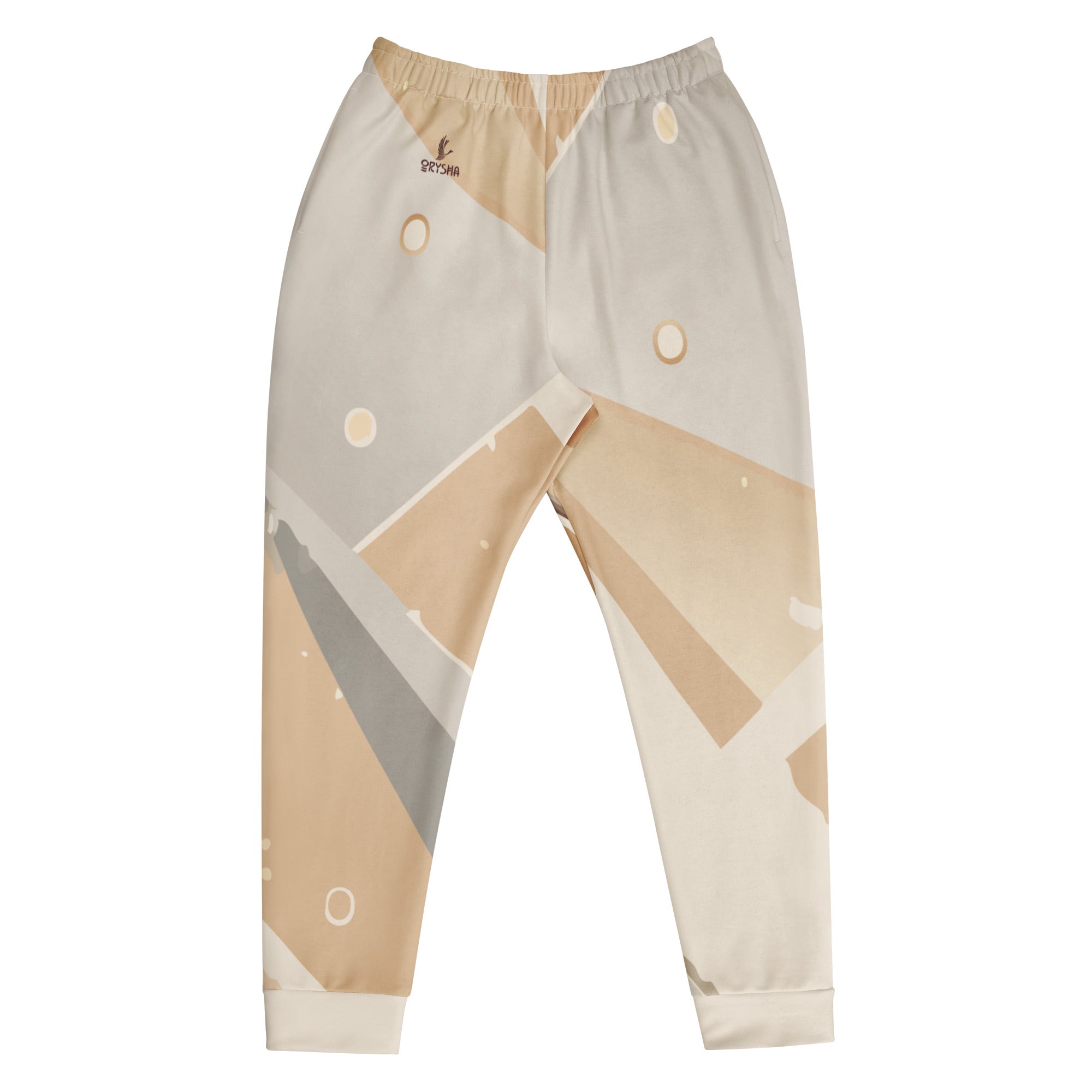 Orysha “Desert Mirage” men’s joggers featuring beige and cream geometric design, recycled fabric blend, brushed fleece interior, and slim tapered fit.