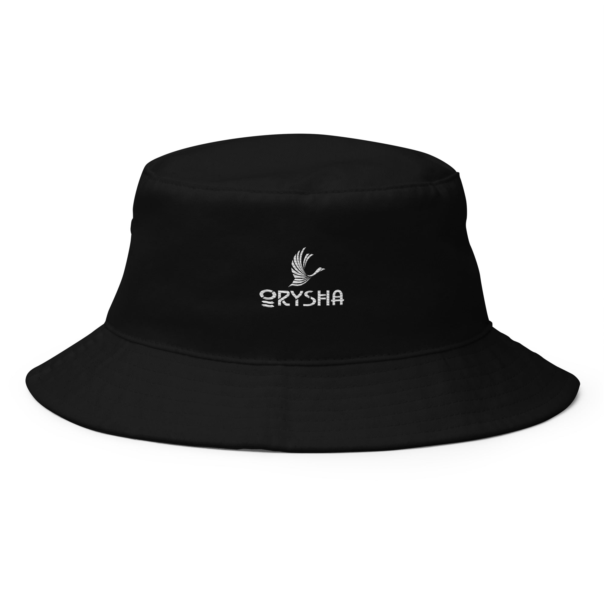 Black cotton twill bucket hat with embroidered white Orysha logo on the front.
