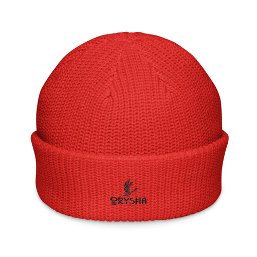 Orysha Essential Logo Fisherman Beanie featuring embroidered logo, thick ribbed knit texture, and classic fisherman-style silhouette.