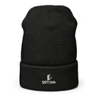 Black knit beanie with a brand logo on a white background