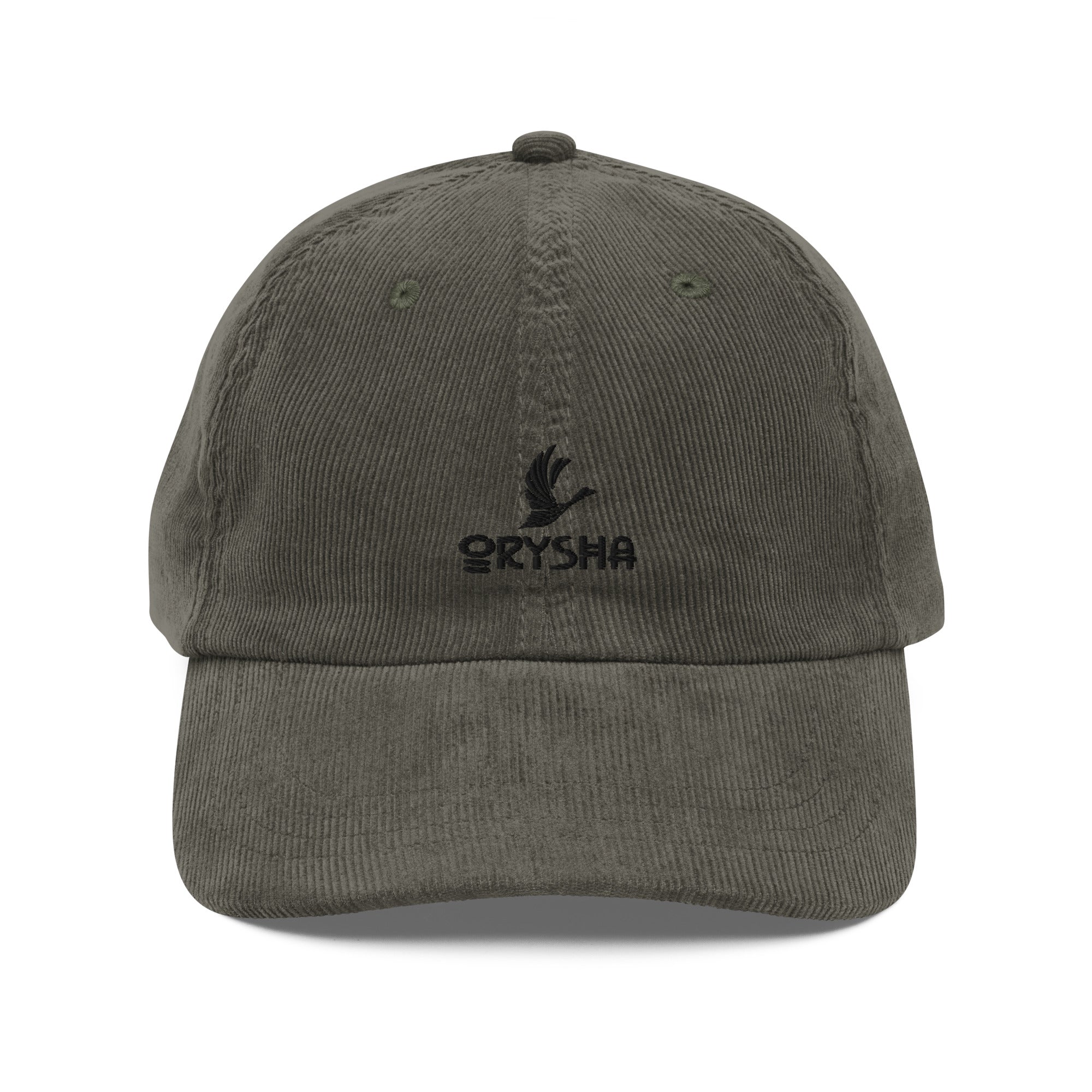 Orysha Essential Logo Vintage Corduroy Hat in brown featuring premium embroidered logo, soft cotton corduroy fabric, and adjustable gold-tone buckle closure.