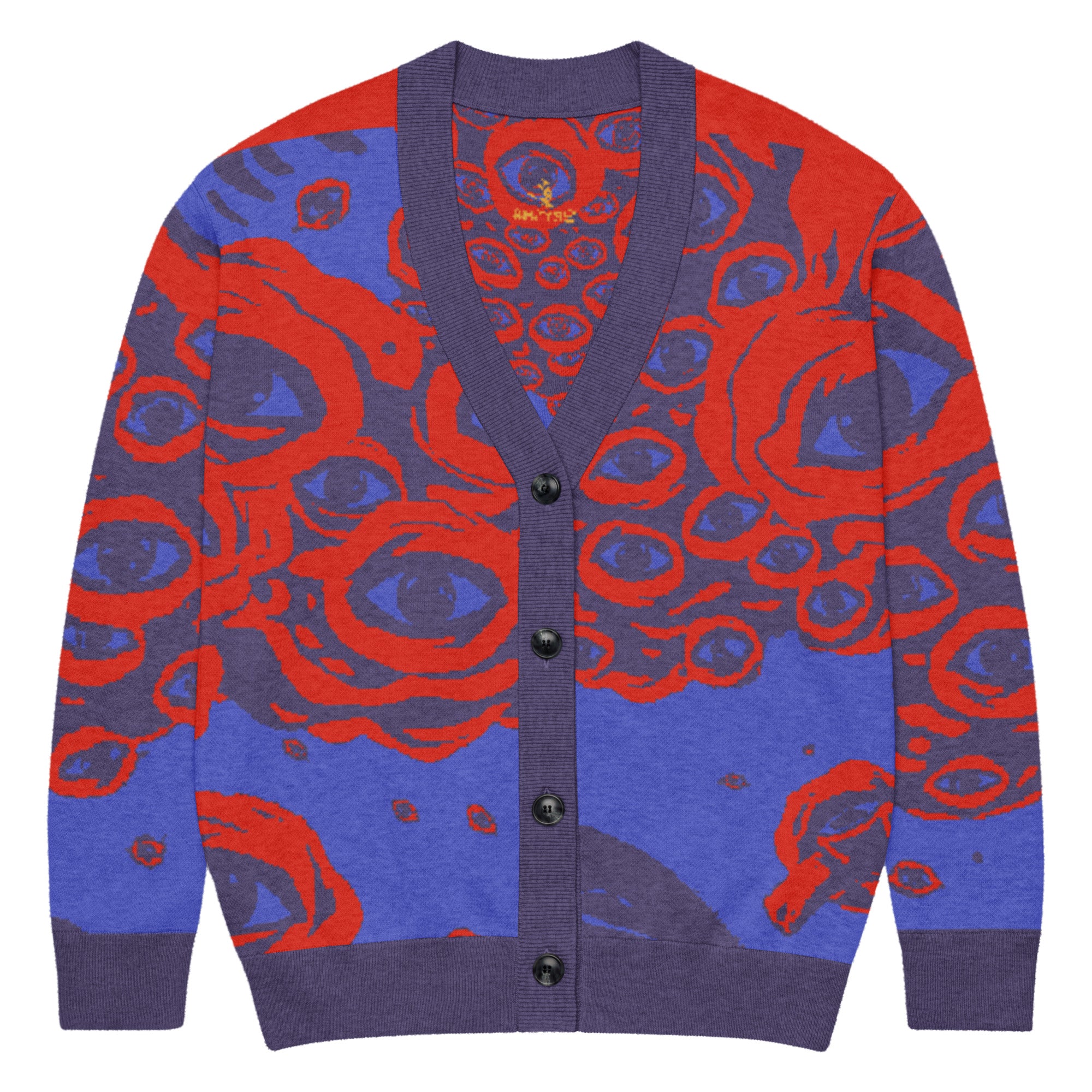 Orysha “Eyes of the Infinite” unisex knitted cardigan featuring red and violet cosmic eye design with jacquard knit texture.