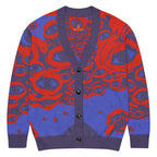 Orysha “Eyes of the Infinite” women’s knitted cardigan featuring red and violet cosmic eye design with jacquard knit texture.