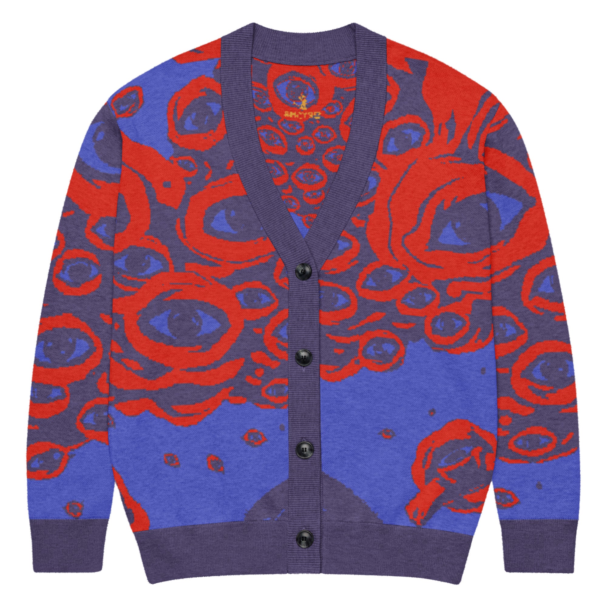 Orysha “Eyes of the Infinite” women’s knitted cardigan featuring red and violet cosmic eye design with jacquard knit texture.
