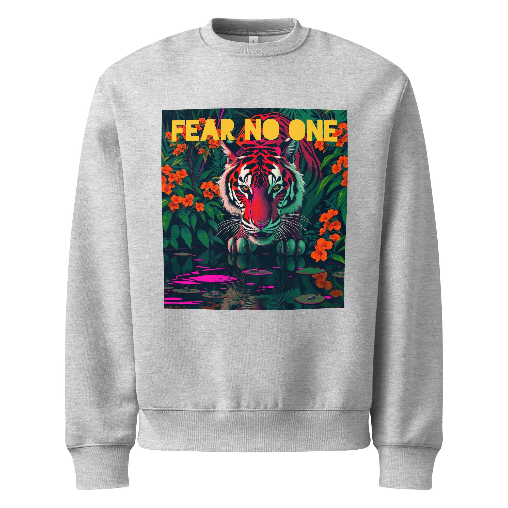 Orysha “Fear No One” gray oversized sweatshirt featuring vibrant tiger jungle design and bold yellow typography.