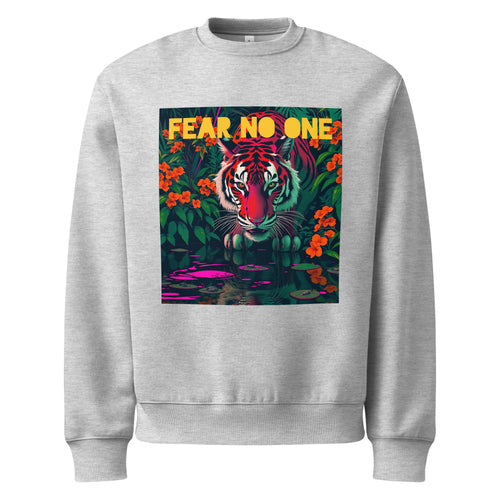 Orysha “Fear No One” gray oversized sweatshirt featuring vibrant tiger jungle design and bold yellow typography.