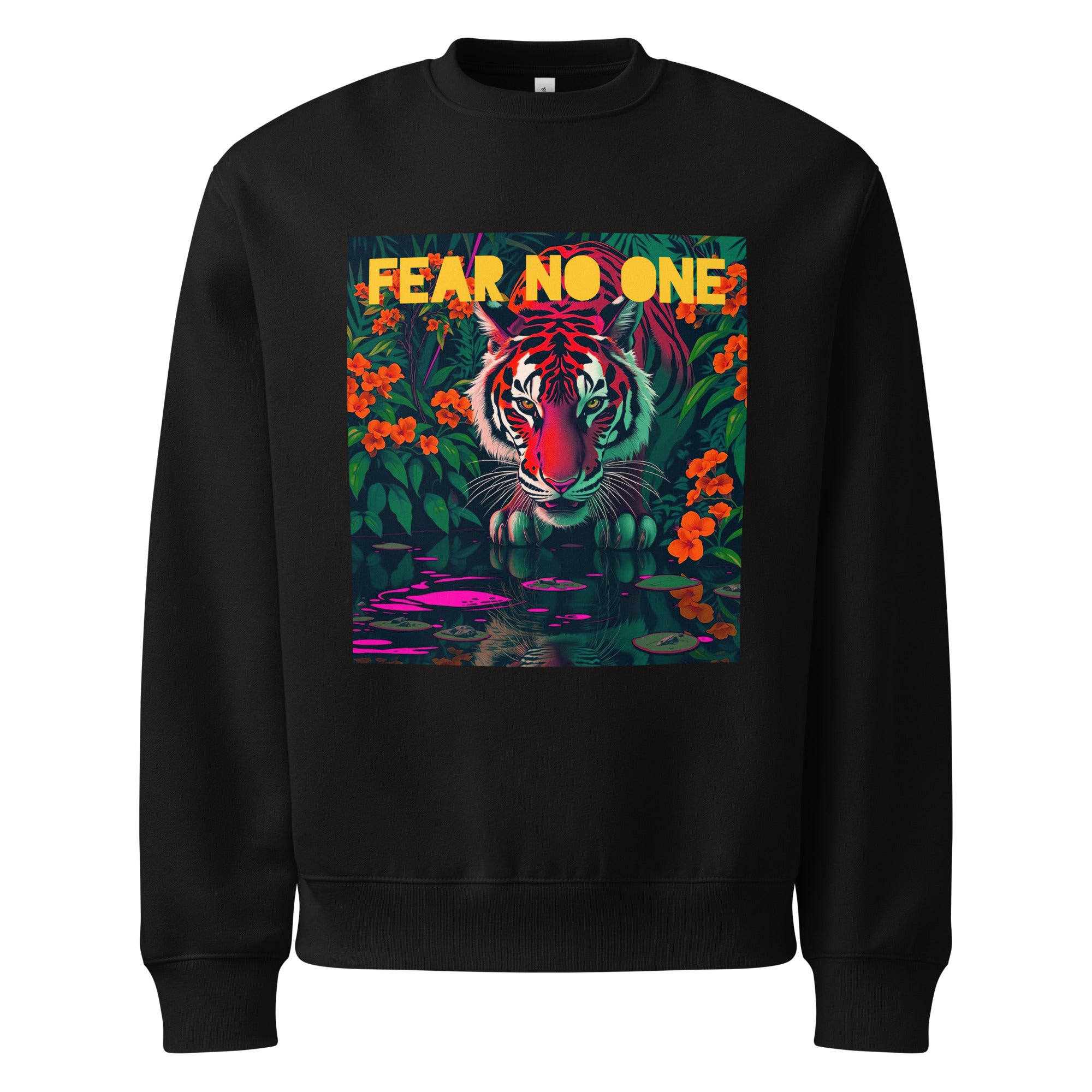 Orysha “Fear No One” black oversized sweatshirt featuring vibrant tiger jungle design and bold yellow typography.