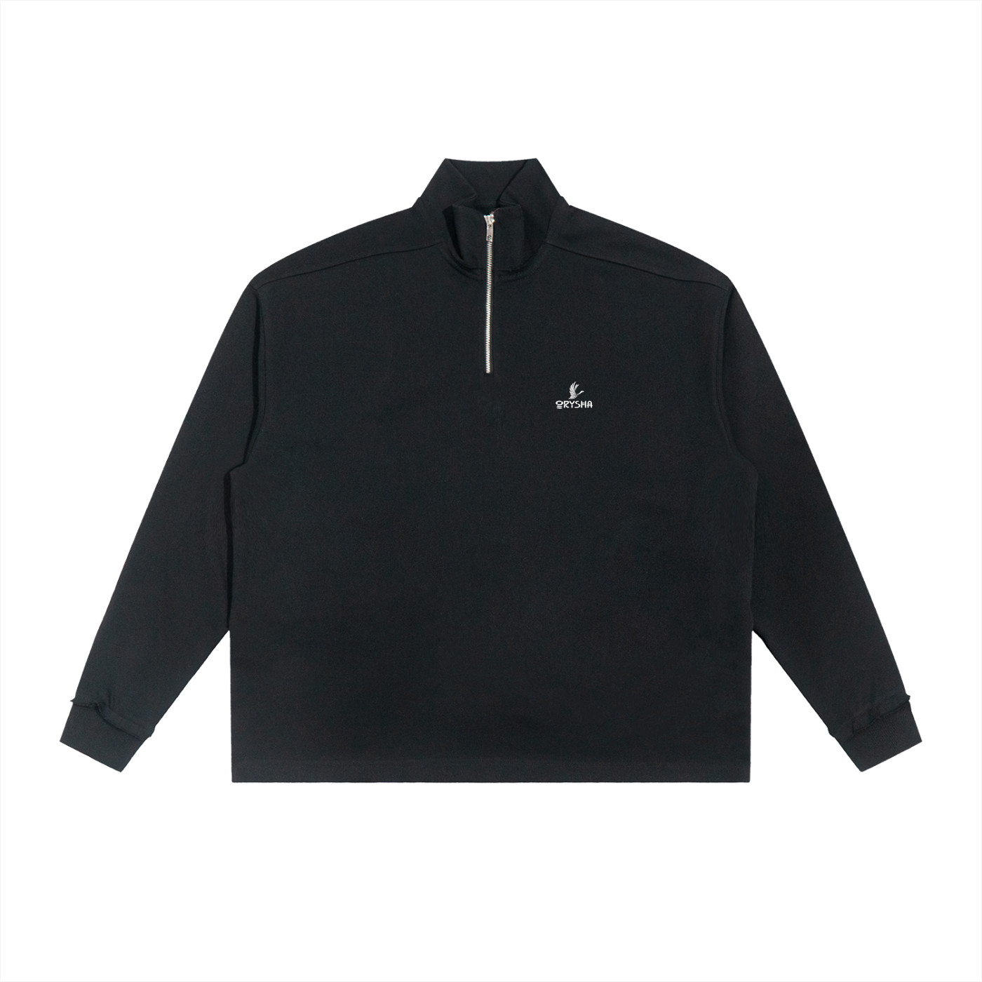 Black quarter-zip sweatshirt with a brand logo on a white background