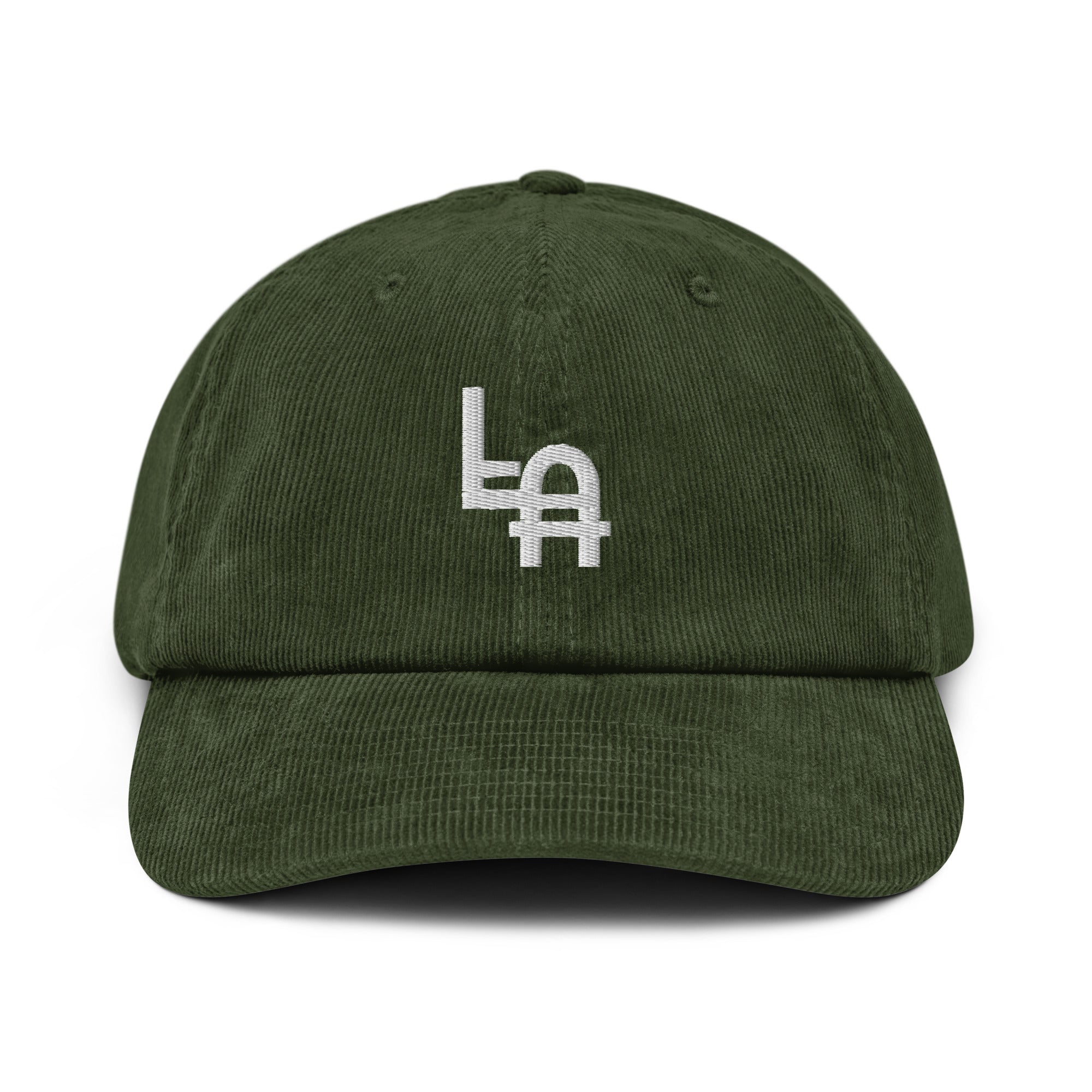 Orysha LA Corduroy Hat featuring embroidered Los Angeles logo, soft cotton corduroy fabric, and adjustable buckle closure.