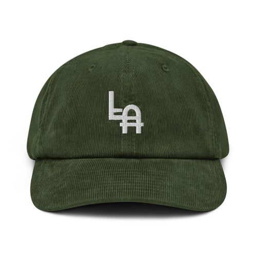 Orysha LA Corduroy Hat featuring embroidered Los Angeles logo, soft cotton corduroy fabric, and adjustable buckle closure.