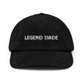 Legend Made embroidered corduroy hat featuring premium embroidery, textured cotton corduroy fabric, unstructured crown, and adjustable buckle closure.