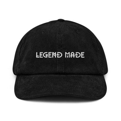 Legend Made embroidered corduroy hat featuring premium embroidery, textured cotton corduroy fabric, unstructured crown, and adjustable buckle closure.