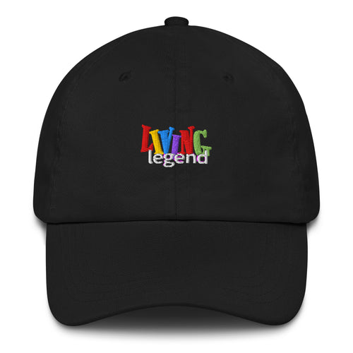 Black embroidered dad hat with colorful ‘Living Legend’ text inspired by 90s sitcom style.