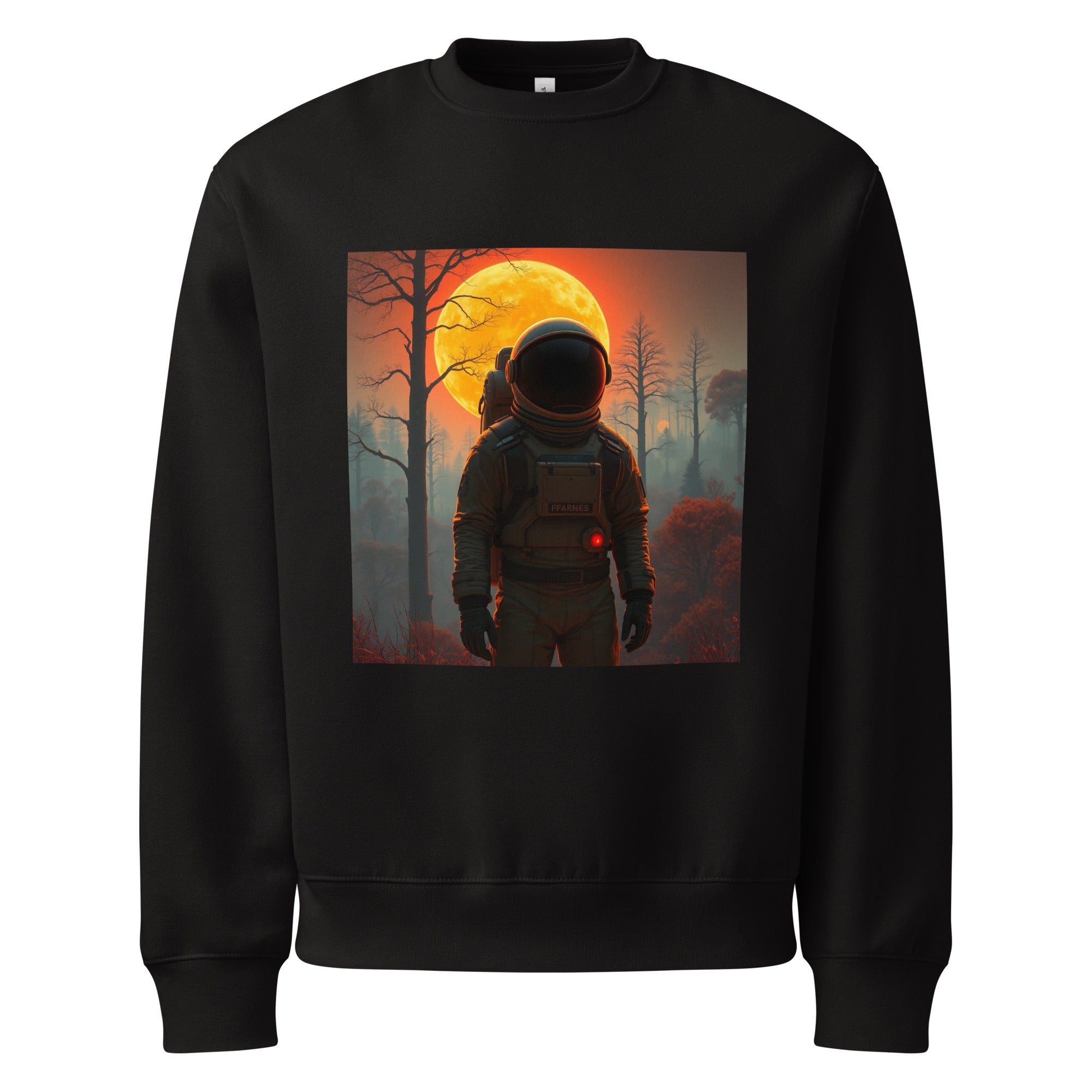 Men’s black crewneck sweatshirt with astronaut graphic