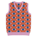 Orange knit V-neck vest with repeating eye pattern and pink trim