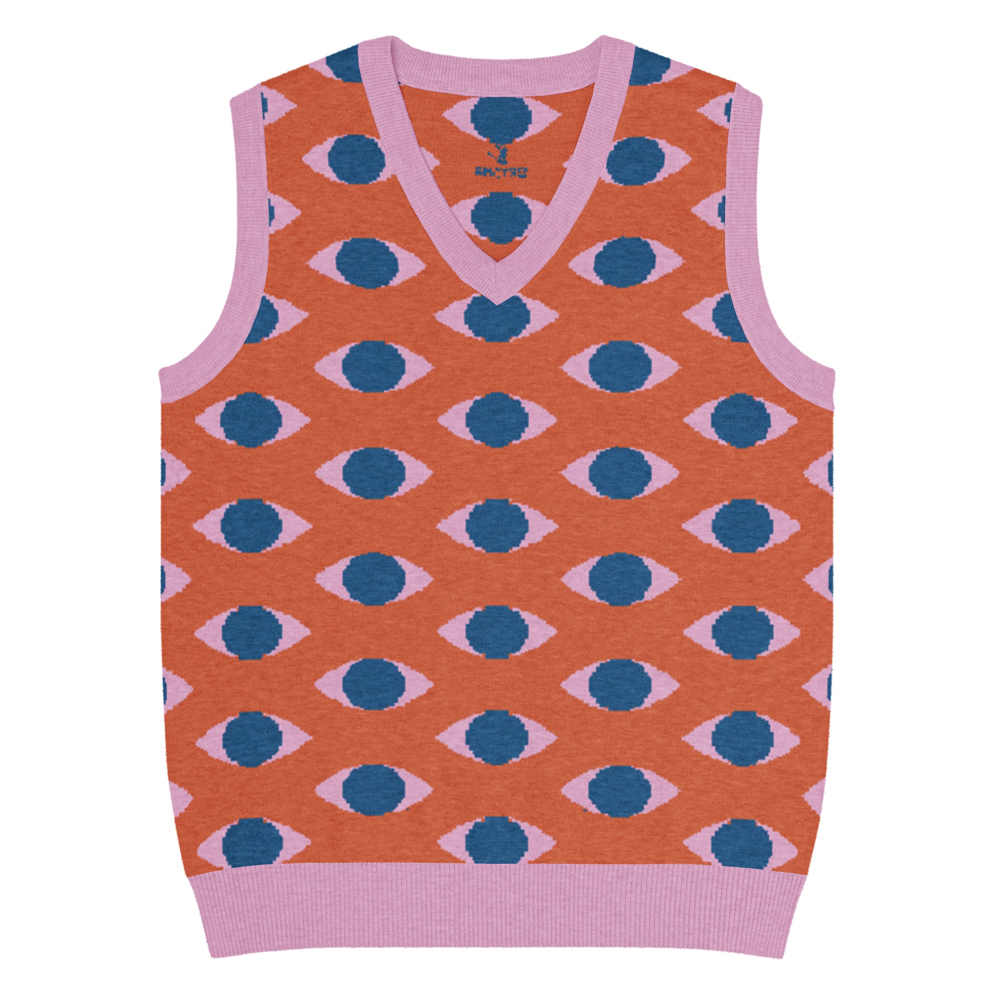 Orange knit V-neck vest with repeating eye pattern and pink trim