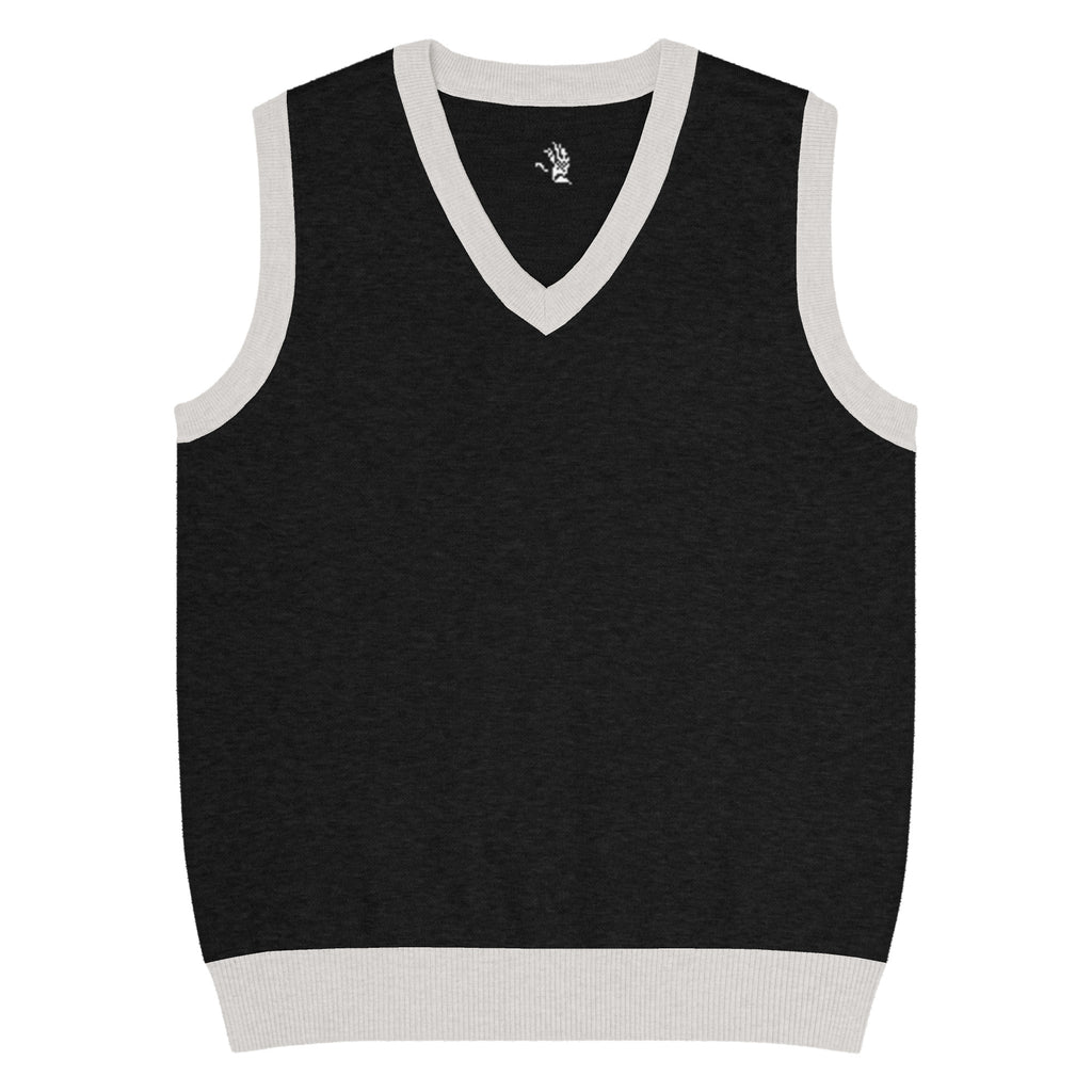 Black sleeveless sweater vest with white trim on a white background