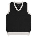 Black sleeveless sweater vest with white trim on a white background