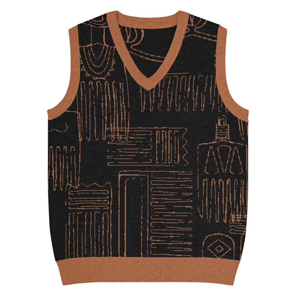 Black knit V-neck vest with tan abstract pattern and contrast trim