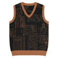 Black knit V-neck vest with tan abstract pattern and contrast trim