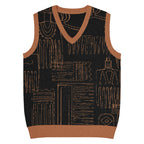 Black knit V-neck vest with tan abstract pattern and contrast trim