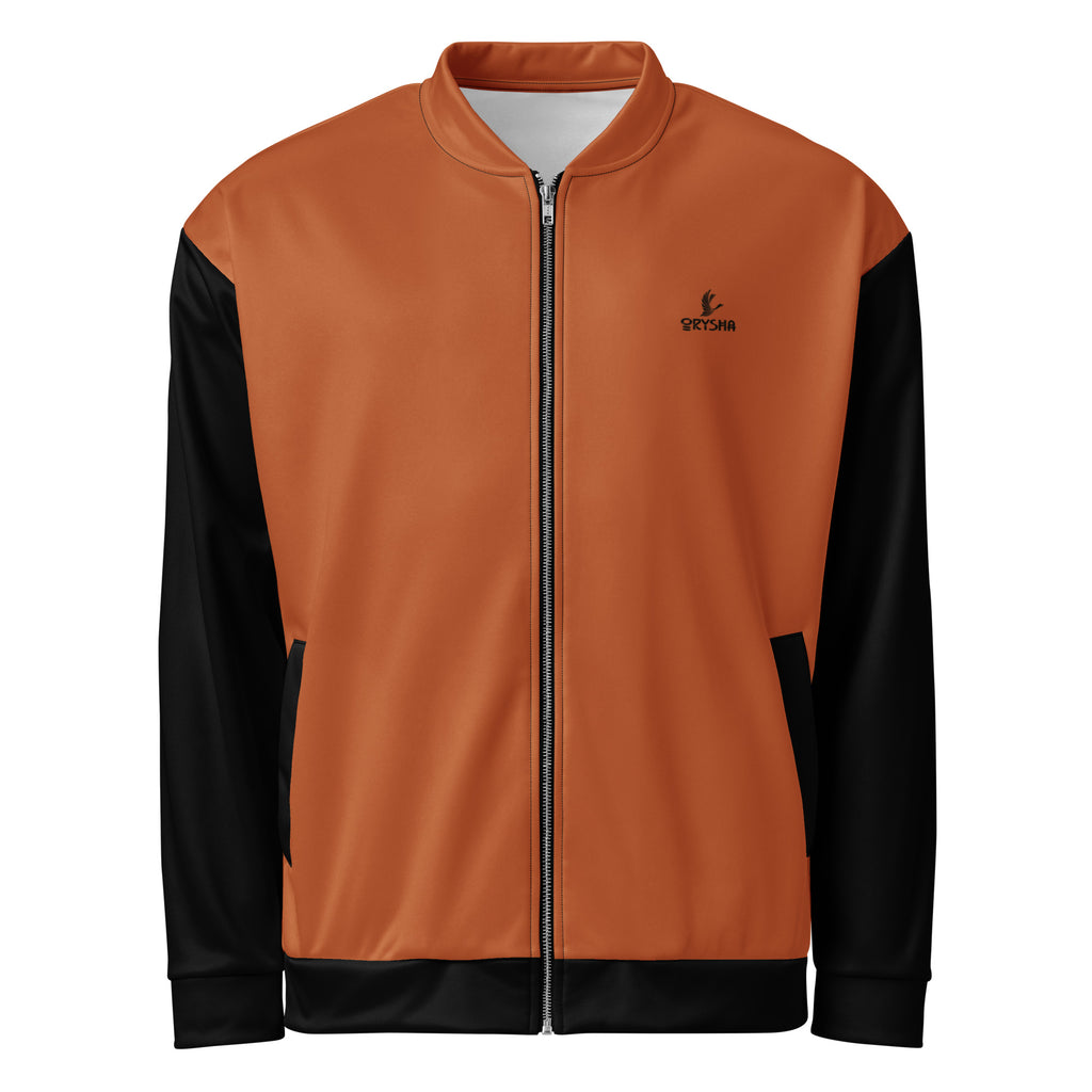 Men’s Ember bomber jacket with burnt orange body and black sleeves