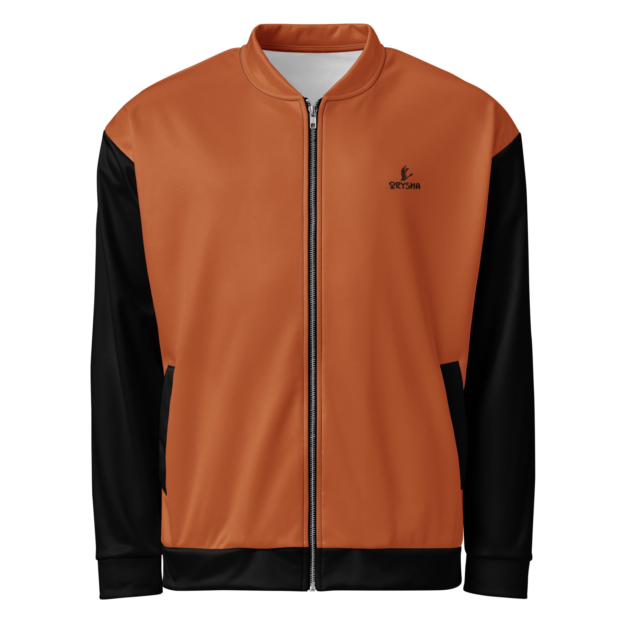 Men’s Ember bomber jacket with burnt orange body and black sleeves