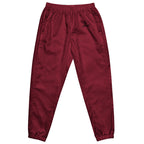 men’s burgundy water-resistant track pants with relaxed fit and mesh lining