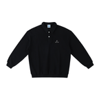 Men’s black heavyweight polo collar sweatshirt with button placket and minimal logo streetwear style