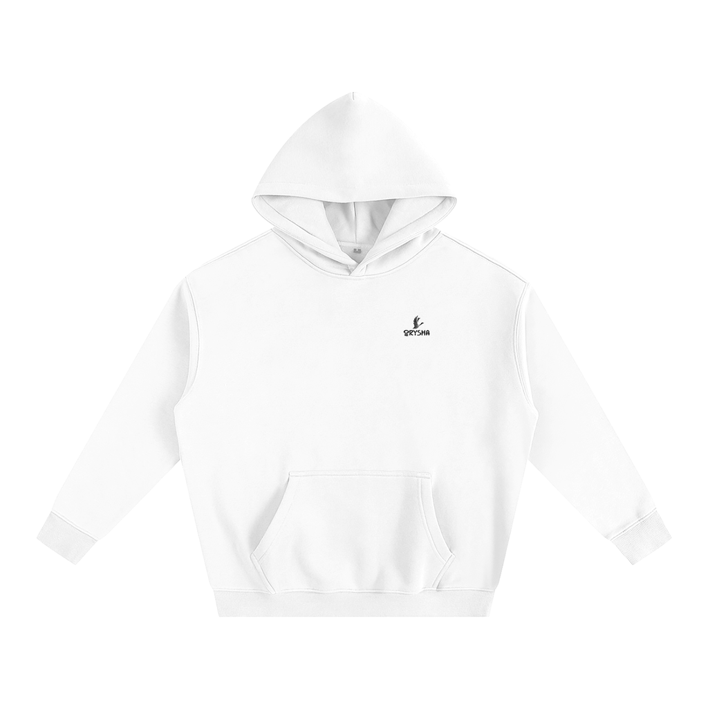 White hoodie with a brand logo on a white background