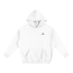 White hoodie with a brand logo on a white background