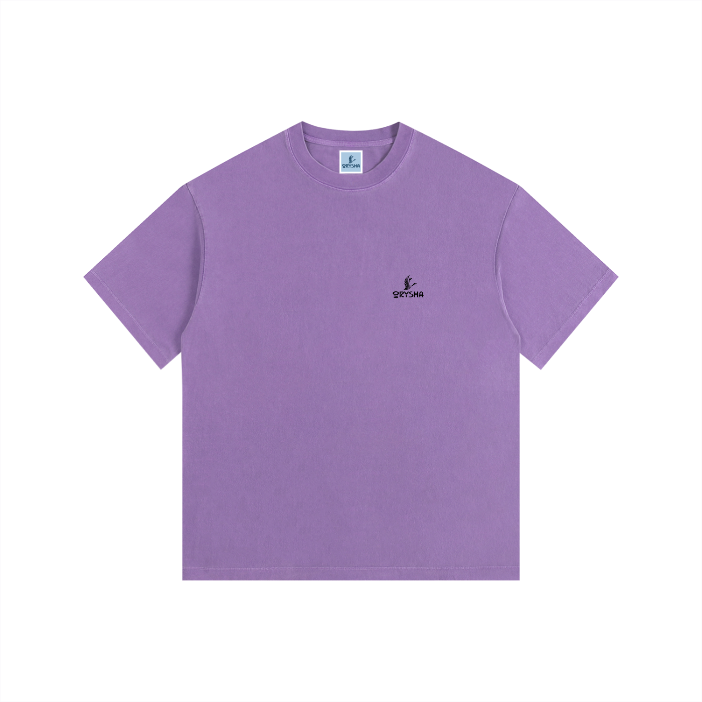 Purple t-shirt with a small logo on a white background
