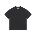 Black t-shirt with a small logo on a white background