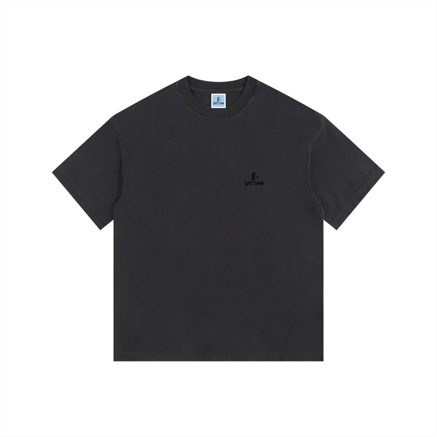 Black t-shirt with a small logo on a white background