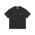 Black t-shirt with a small logo on a white background