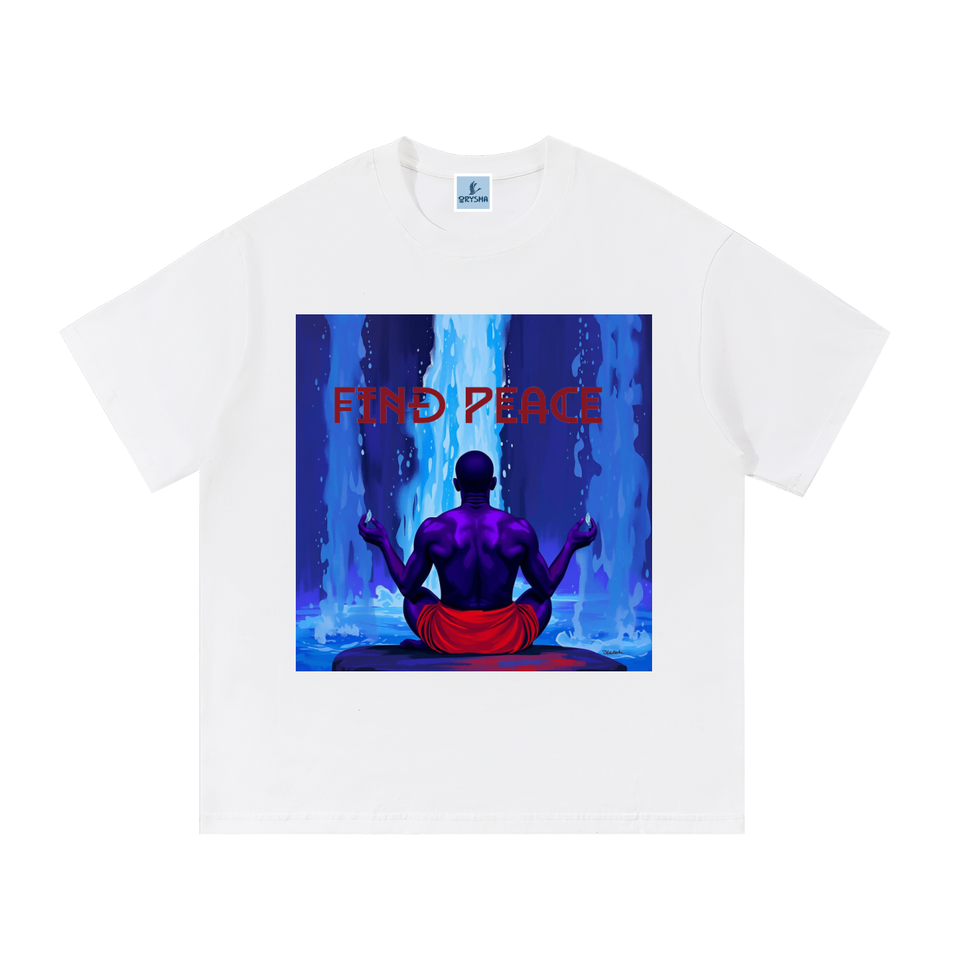 White t-shirt with a graphic of a person in a meditative pose and 'Find Peace' text on a white background