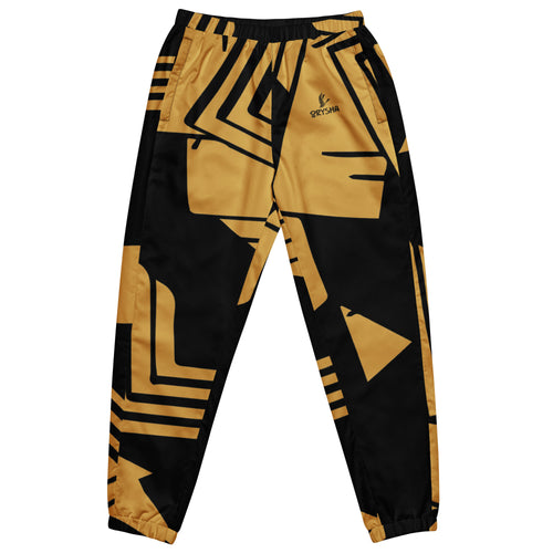 Orysha “Geo Flux” men’s track pants in black and gold geometric pattern, moisture-wicking activewear with mesh pockets.