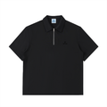 Black polo shirt with a small logo on a white background
