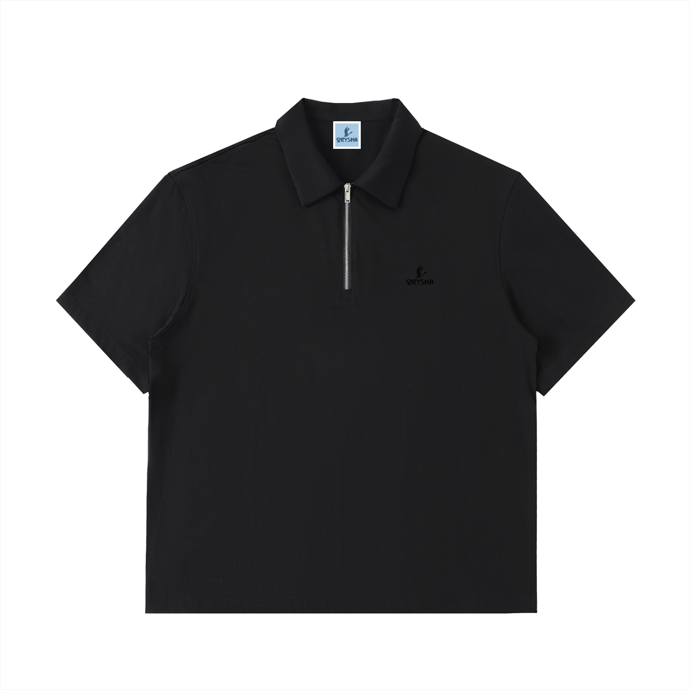 Black polo shirt with a small logo on a white background