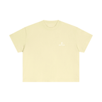 Beige t-shirt with text on a white background
