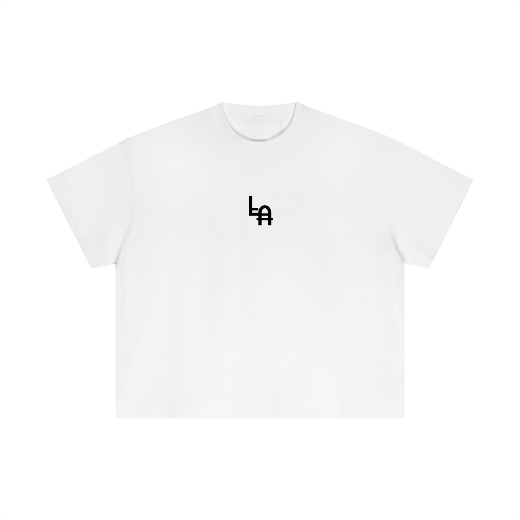 White t-shirt with a black logo on a white background