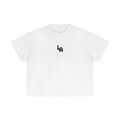 White t-shirt with a black logo on a white background