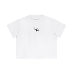 White t-shirt with a black logo on a white background
