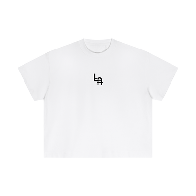 White t-shirt with a black logo on a white background
