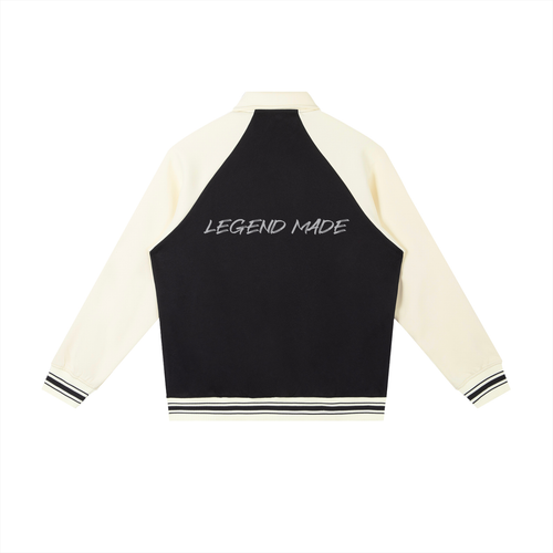 Men’s contrast raglan sleeve baseball jacket with Legend Made streetwear design