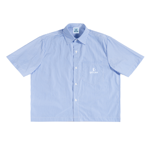 Blue and white striped shirt with a logo on a white background