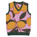 Knit V-neck vest with lemon pattern, pink base, and dark green trim