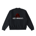 Black varsity jacket with red panther graphic and Los Angeles text on back