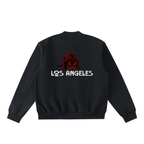 Black varsity jacket with red panther graphic and Los Angeles text on back
